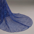 Sapphire Blue Crystal Embellished Mermaid Gown with Deep V Neckline, Sheer Corset Bodice and High Slit