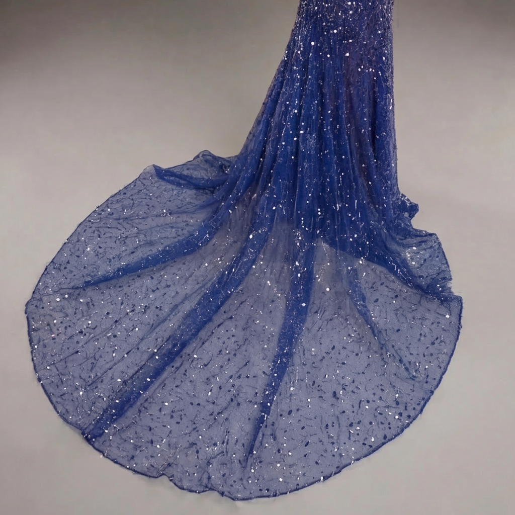 Sapphire Blue Crystal Embellished Mermaid Gown with Deep V Neckline, Sheer Corset Bodice and High Slit