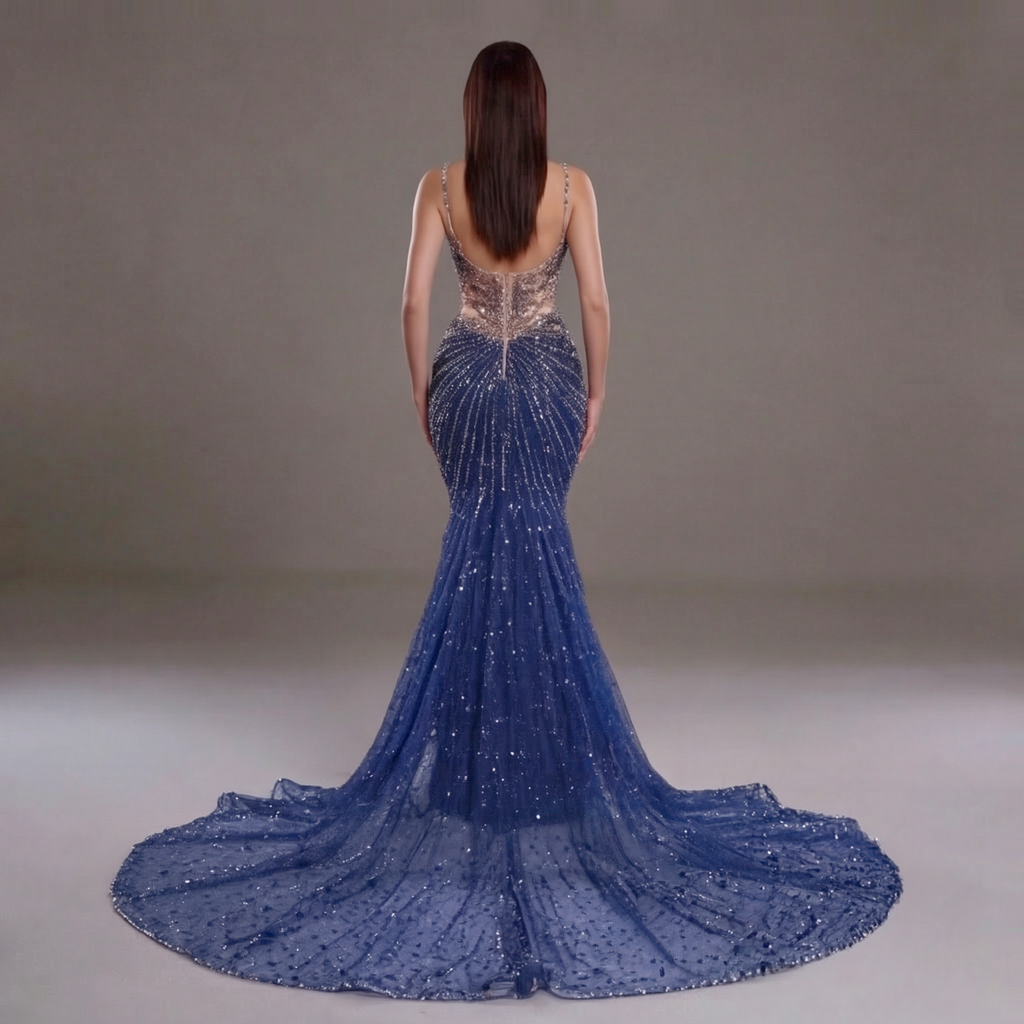 Navy Blue Crystal Embellished Mermaid Gown with Plunging V Neckline, Sheer Corset Bodice and High Slit