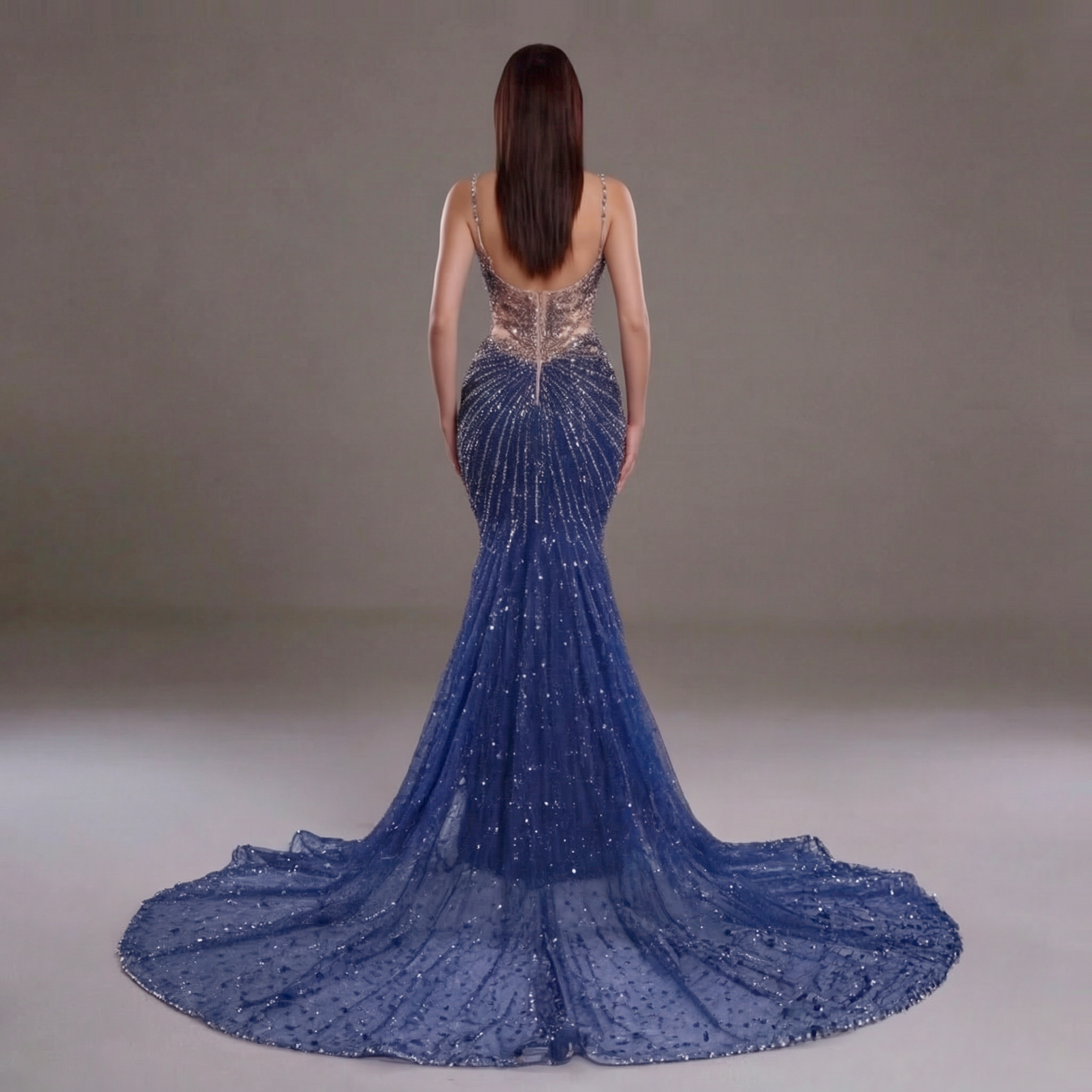 Navy Blue Crystal Embellished Mermaid Gown with Plunging V Neckline, Sheer Corset Bodice and High Slit