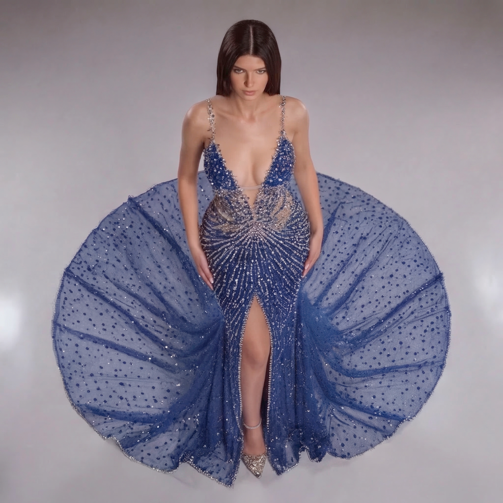 Navy Blue Crystal Embellished Mermaid Gown with Plunging V Neckline, Sheer Corset Bodice and High Slit