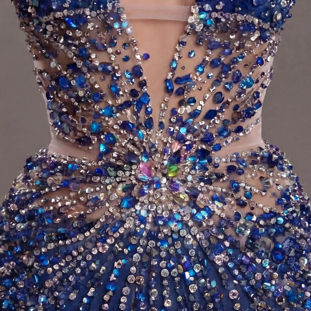 Navy Blue Crystal Embellished Mermaid Gown with Plunging V Neckline, Sheer Corset Bodice and High Slit