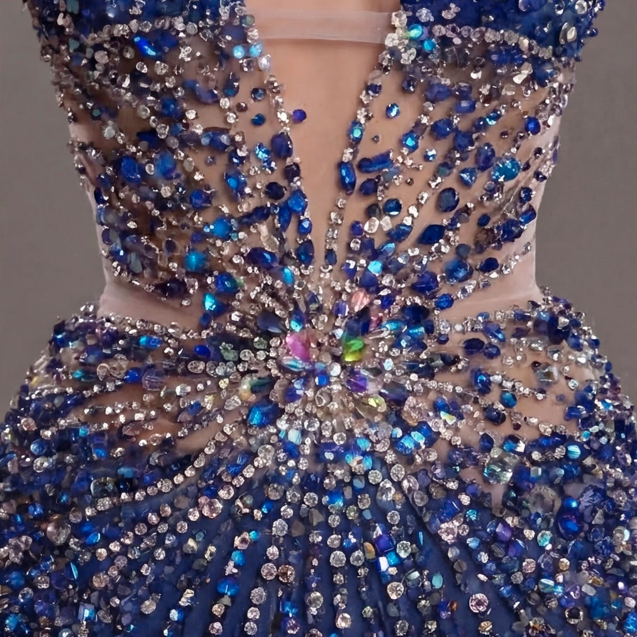Navy Blue Crystal Embellished Mermaid Gown with Plunging V Neckline, Sheer Corset Bodice and High Slit
