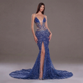 Navy Blue Crystal Embellished Mermaid Gown with Plunging V Neckline, Sheer Corset Bodice and High Slit