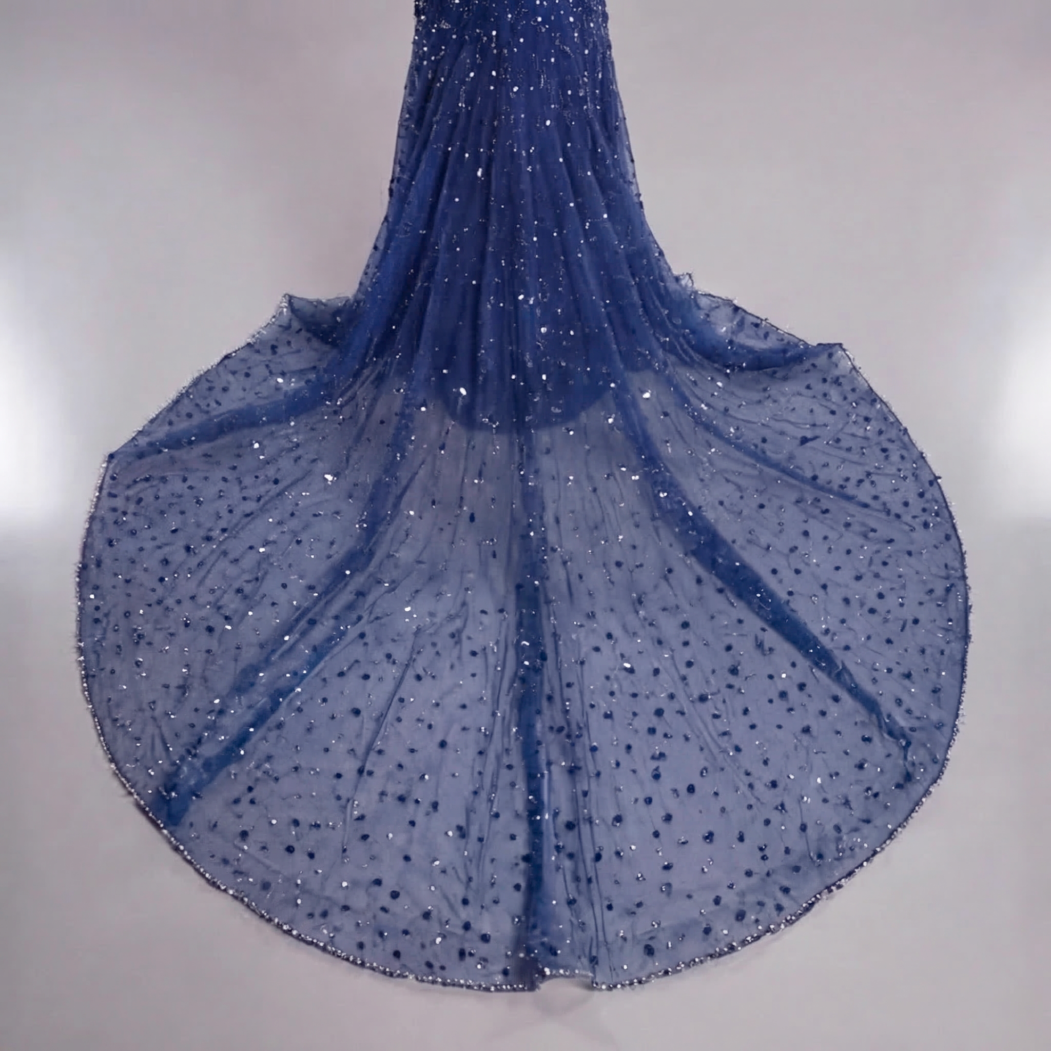 Navy Blue Crystal Embellished Mermaid Gown with Plunging V Neckline, Sheer Corset Bodice and High Slit