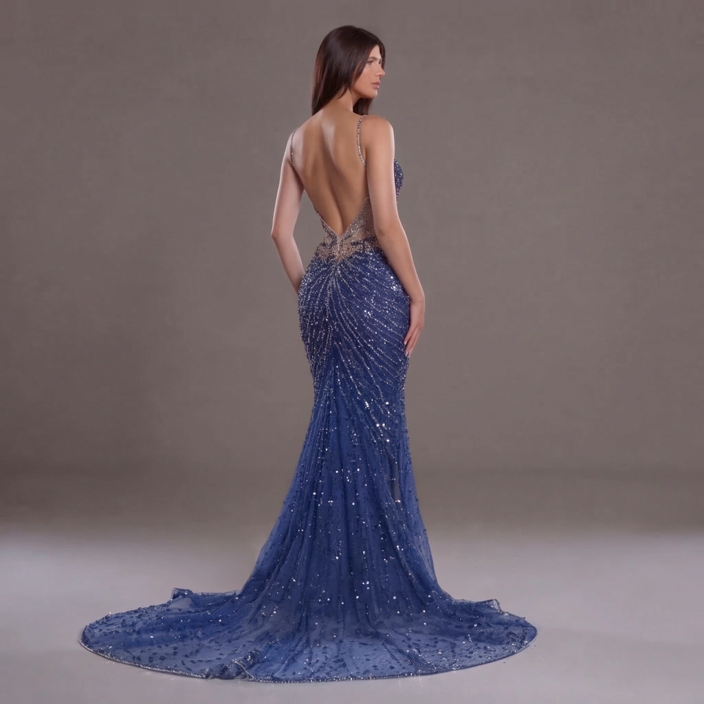 Navy Blue Crystal Embellished Mermaid Gown with Plunging V Neckline, Sheer Corset Bodice and High Slit