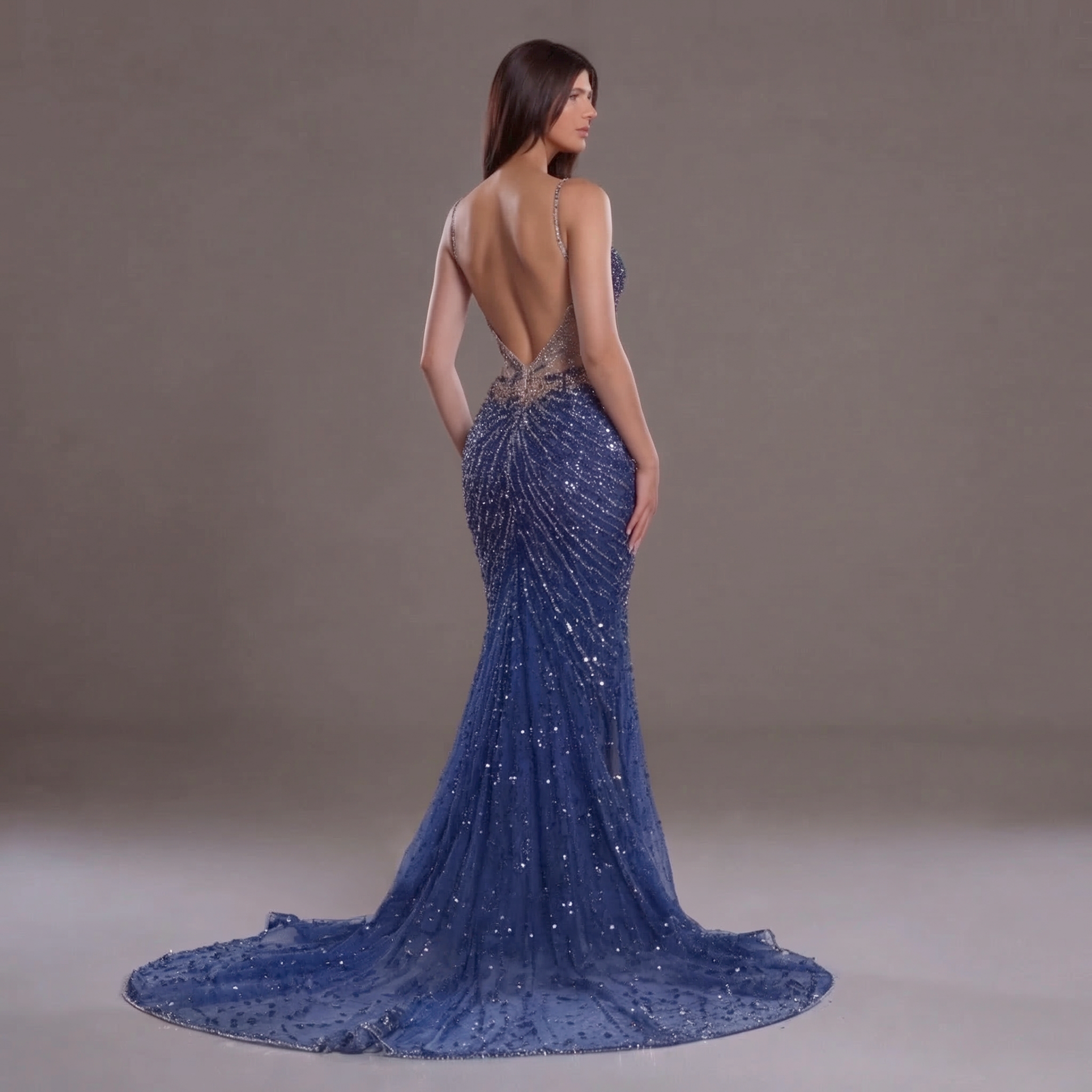 Navy Blue Crystal Embellished Mermaid Gown with Plunging V Neckline, Sheer Corset Bodice and High Slit