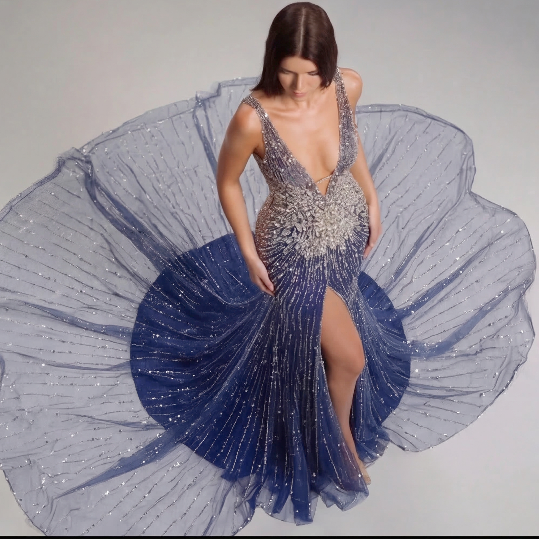 Ombre Navy Blue & Silver Crystal Mermaid Gown with Plunging V Neckline, Corset Bodice and High Slit