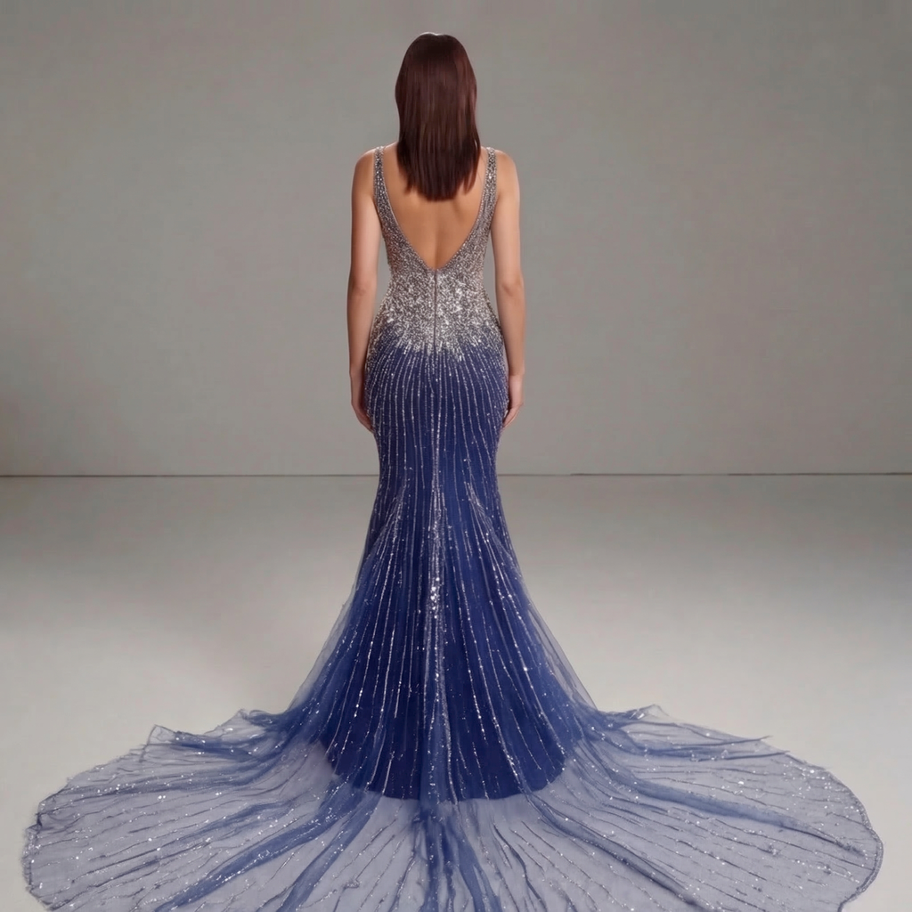 Ombre Navy Blue & Silver Crystal Mermaid Gown with Plunging V Neckline, Corset Bodice and High Slit