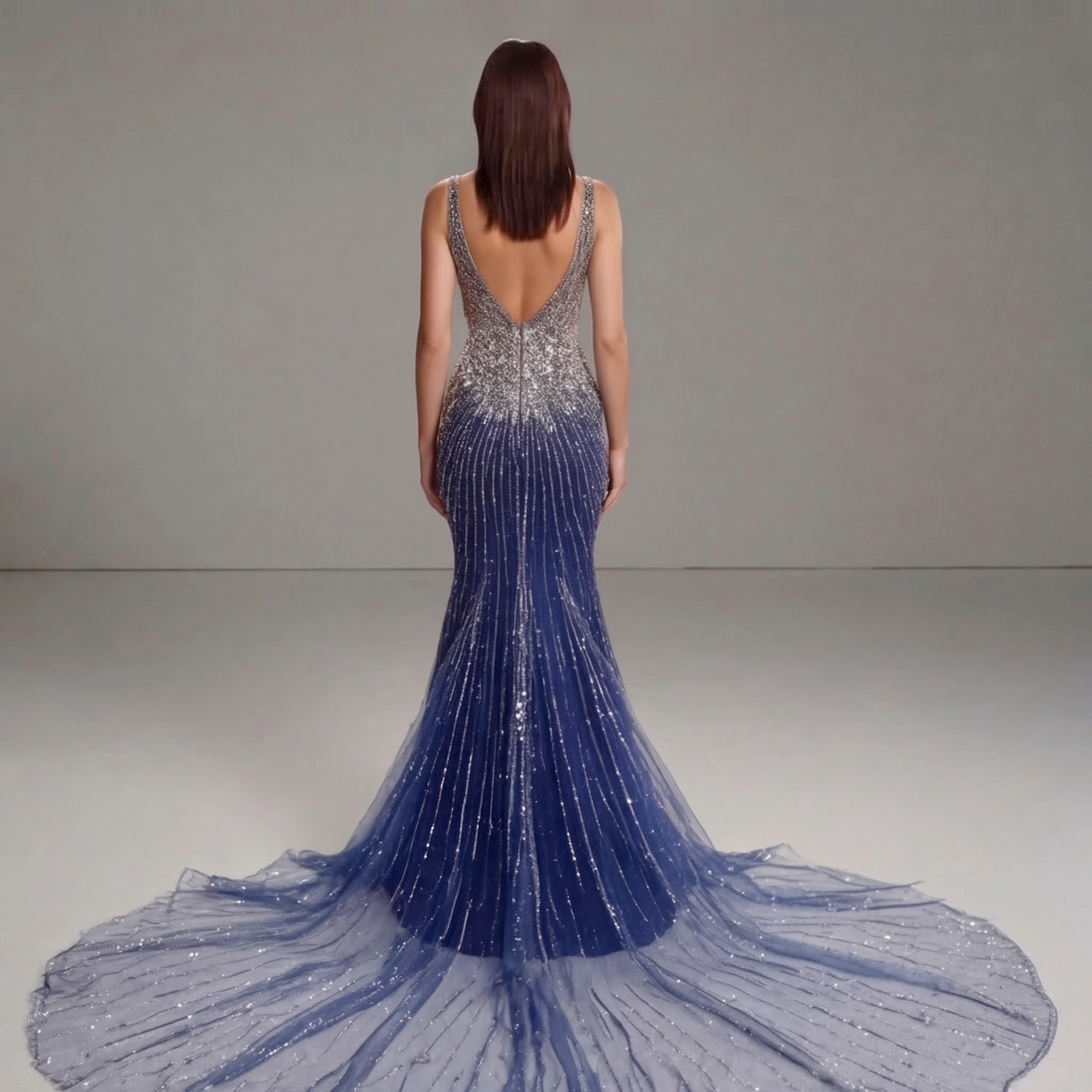 Ombre Navy Blue & Silver Crystal Mermaid Gown with Plunging V Neckline, Corset Bodice and High Slit