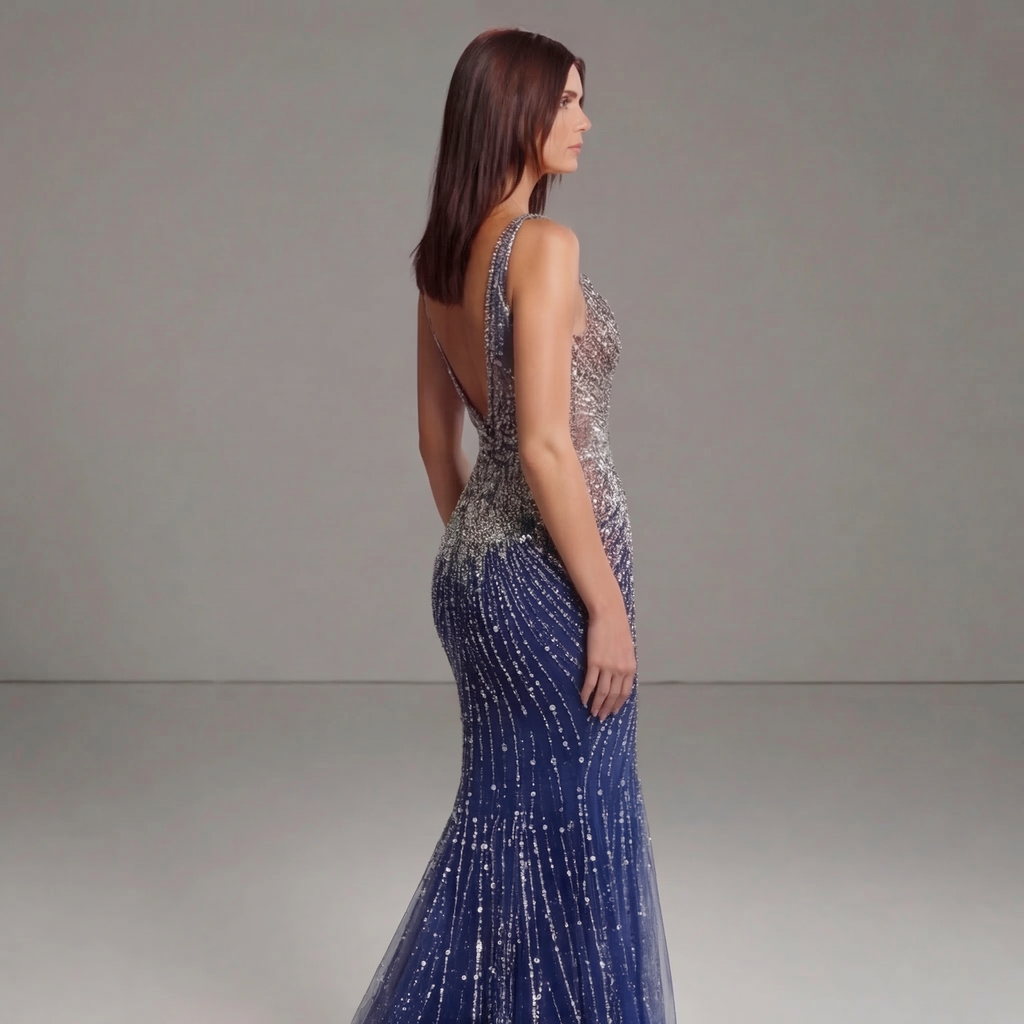 Ombre Navy Blue & Silver Crystal Mermaid Gown with Plunging V Neckline, Corset Bodice and High Slit