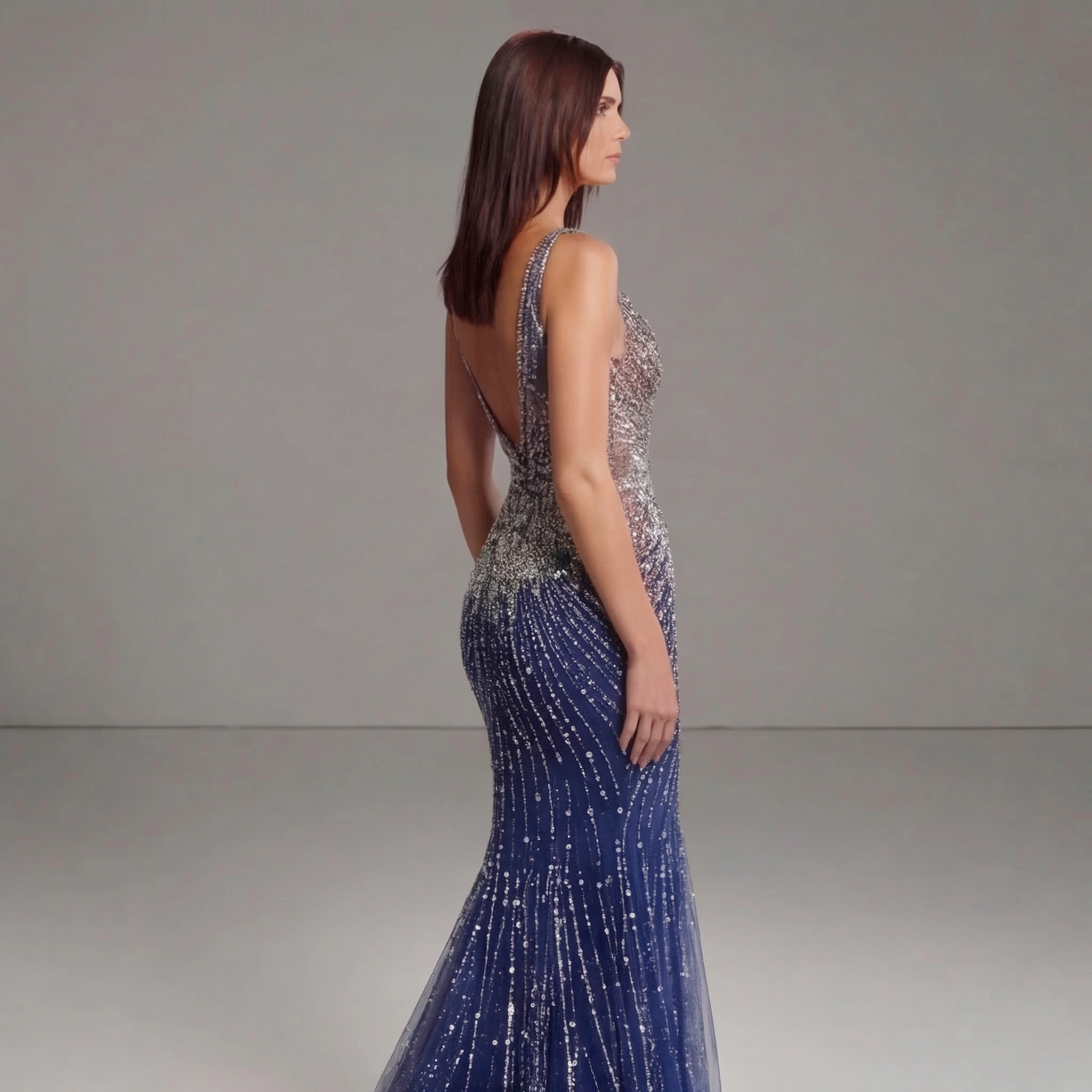 Ombre Navy Blue & Silver Crystal Mermaid Gown with Plunging V Neckline, Corset Bodice and High Slit