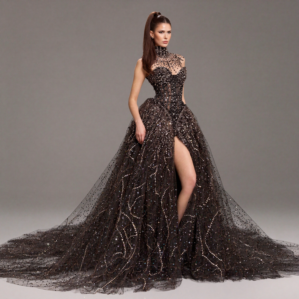 Black High Neck Crystal Ball Gown with Sheer Corset, Embellished Collar, High Slit and Dramatic Train