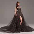 Black High Neck Crystal Ball Gown with Sheer Corset, Embellished Collar, High Slit and Dramatic Train