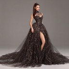 Black High Neck Crystal Ball Gown with Sheer Corset, Embellished Collar, High Slit and Dramatic Train