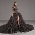 Black Crystal Embellished Ball Gown with High Neck, Sheer Corset Bodice, Dramatic Train and High Slit