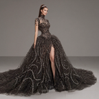 Black Crystal Embellished Ball Gown with High Neck, Sheer Corset Bodice, Dramatic Train and High Slit