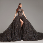 Black Crystal Embellished High Neck Ball Gown with Sheer Corset, Full Skirt, High Slit and Dramatic Train