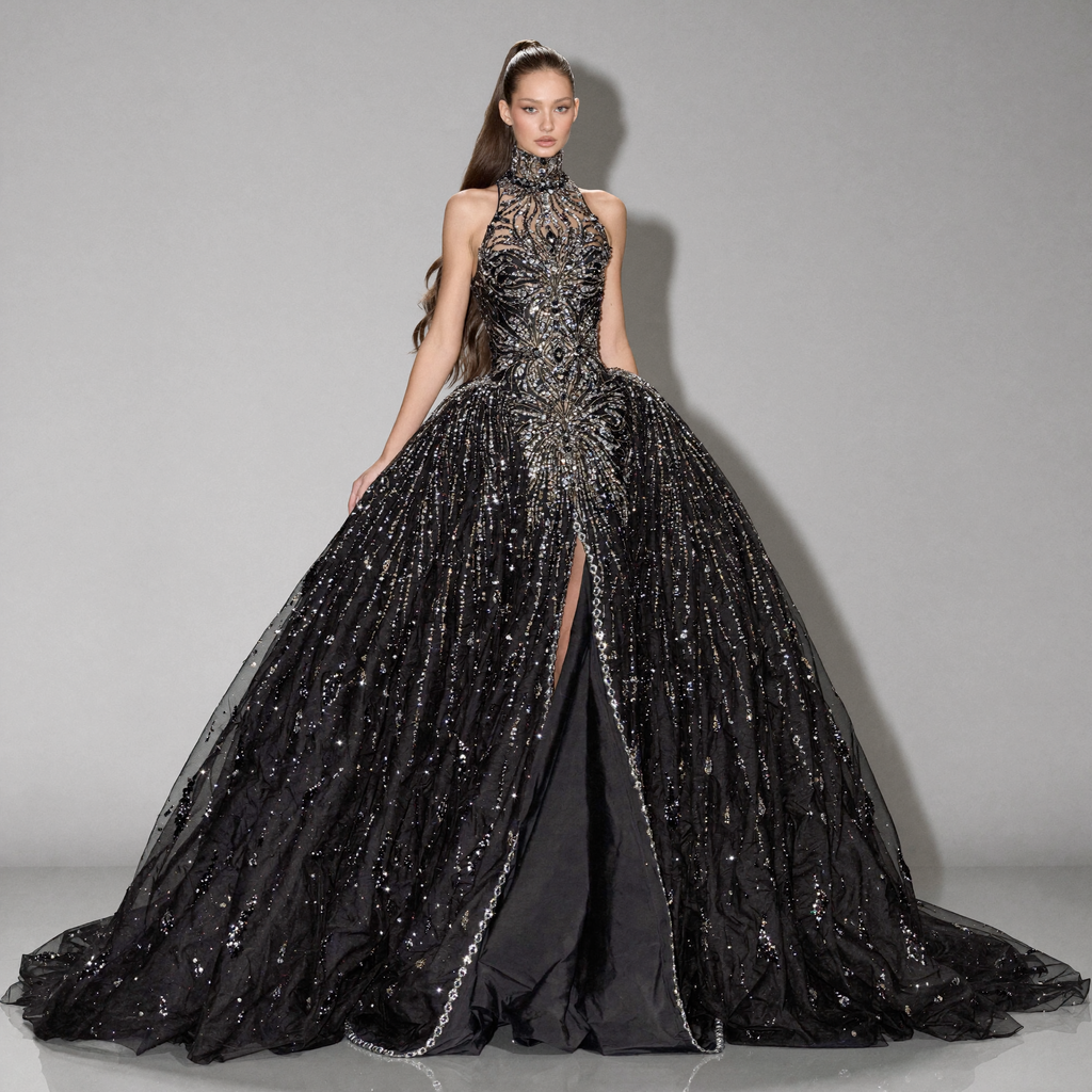Black Halter Neck Ball Gown with Glitter Tulle, Sculpted Bodice, High Slit and Dramatic Train