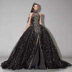 Black Halter Neck Ball Gown with Glitter Tulle, Sculpted Bodice, High Slit and Dramatic Train