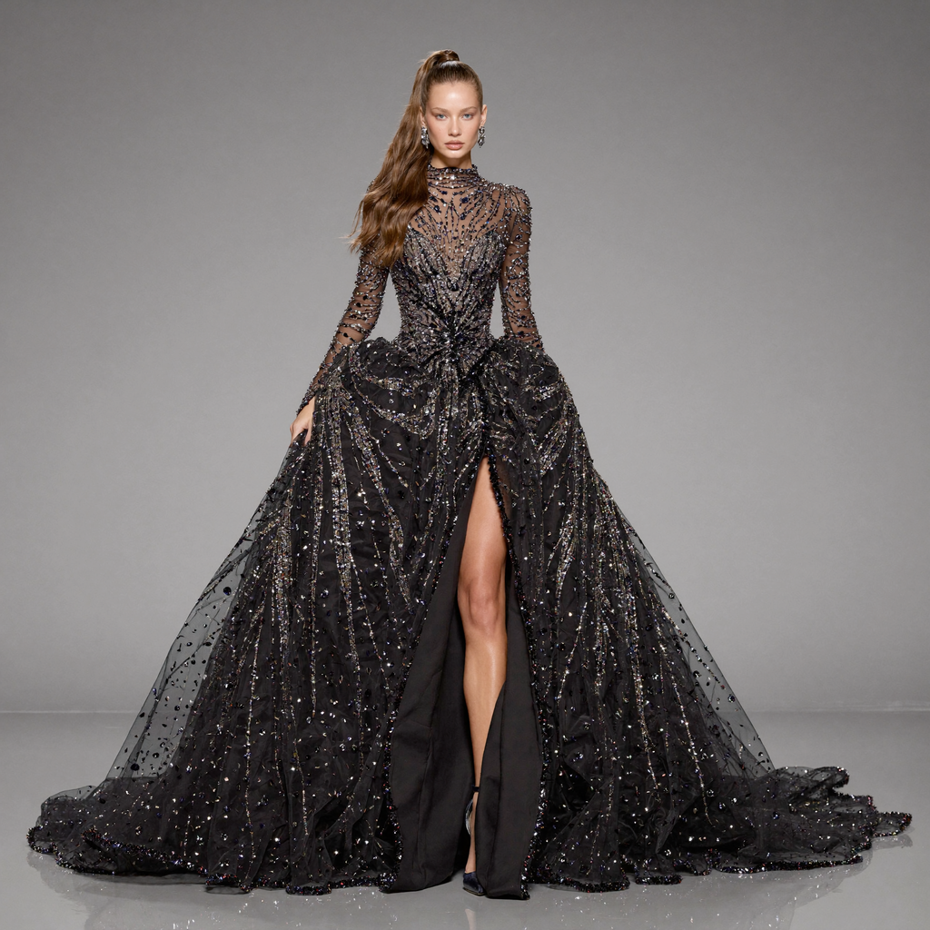 Black Glitter Long Sleeve Ball Gown with High Neck, Sheer Illusion Bodice, High Slit and Cathedral Train
