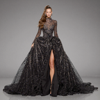 Black Glitter Long Sleeve Ball Gown with High Neck, Sheer Illusion Bodice, High Slit and Cathedral Train