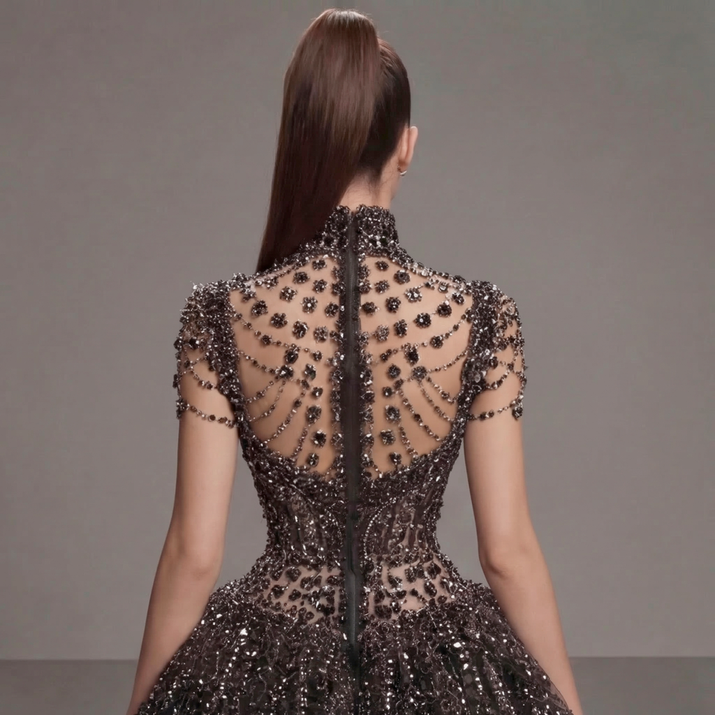 Black Crystal Embellished Ball Gown with High Neck, Sheer Corset Bodice, Dramatic Train and High Slit