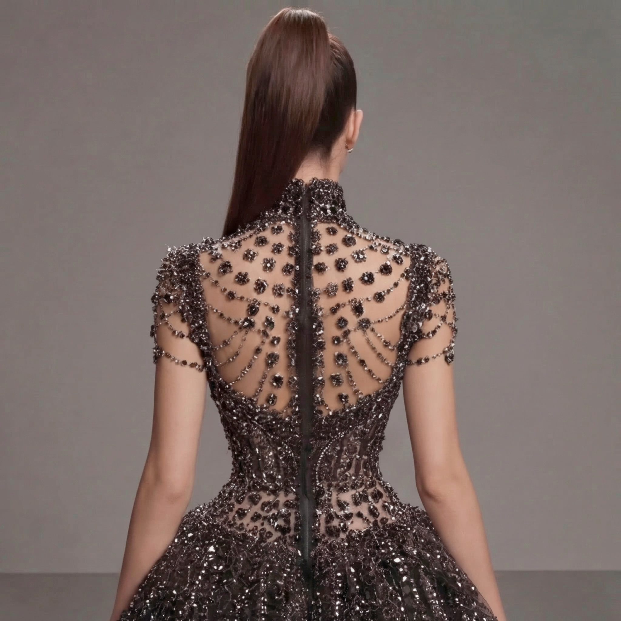 Black Crystal Embellished Ball Gown with High Neck, Sheer Corset Bodice, Dramatic Train and High Slit