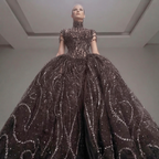 Black Crystal Embellished Ball Gown with High Neck, Sheer Corset Bodice, Dramatic Train and High Slit