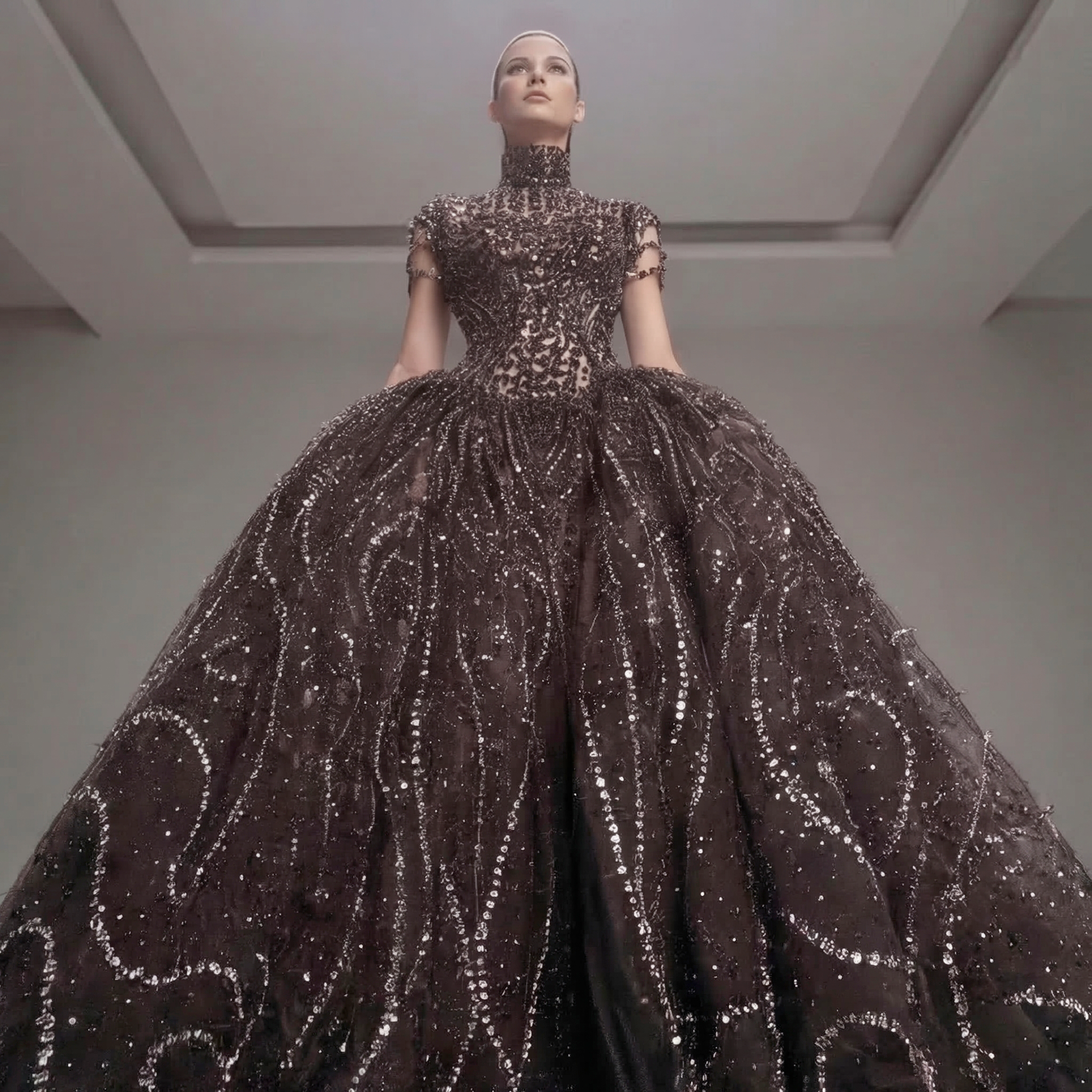 Black Crystal Embellished Ball Gown with High Neck, Sheer Corset Bodice, Dramatic Train and High Slit