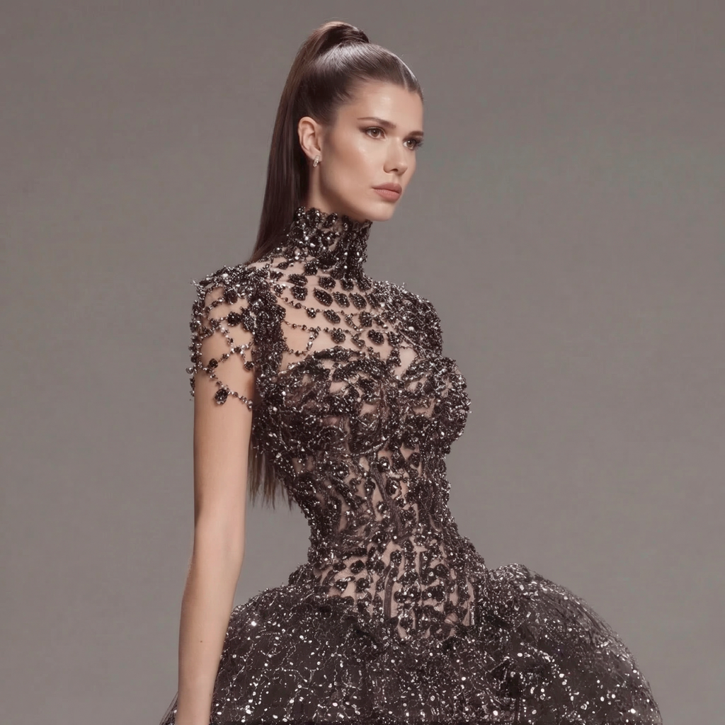 Black Crystal Embellished Ball Gown with High Neck, Sheer Corset Bodice, Dramatic Train and High Slit