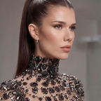 Black Crystal Embellished Ball Gown with High Neck, Sheer Corset Bodice, Dramatic Train and High Slit