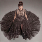 Black Crystal Embellished Ball Gown with High Neck, Sheer Corset Bodice, Dramatic Train and High Slit