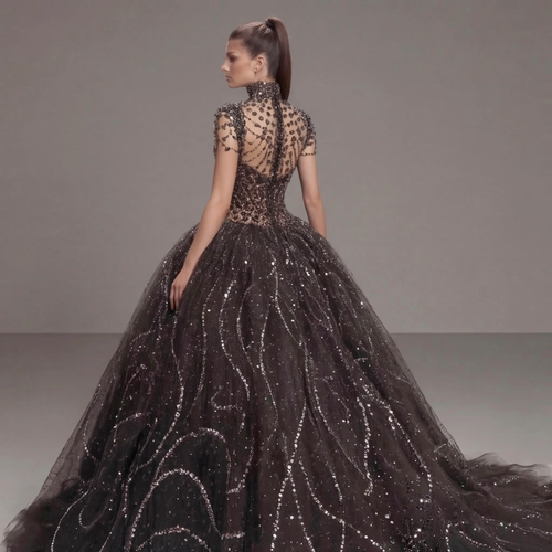 Black Crystal Embellished Ball Gown with High Neck, Sheer Corset Bodice, Dramatic Train and High Slit
