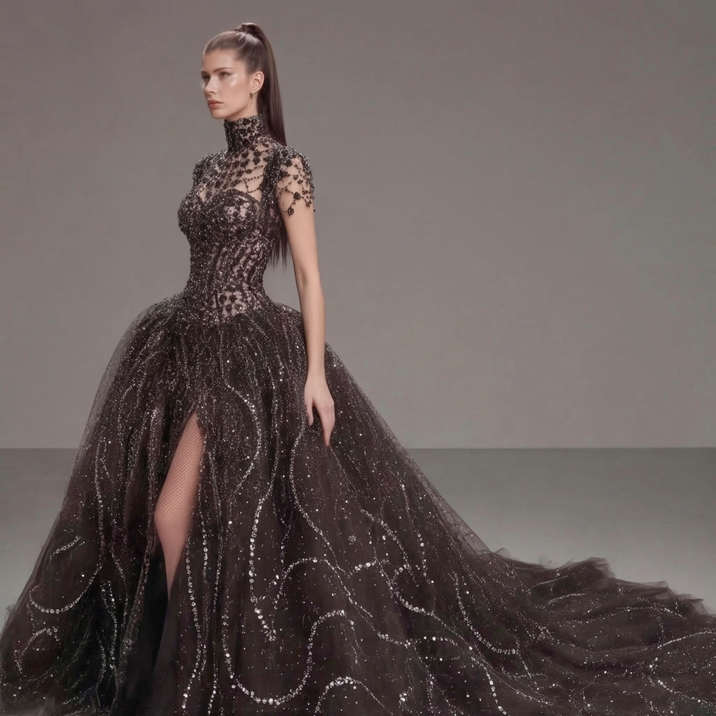 Black Crystal Embellished Ball Gown with High Neck, Sheer Corset Bodice, Dramatic Train and High Slit