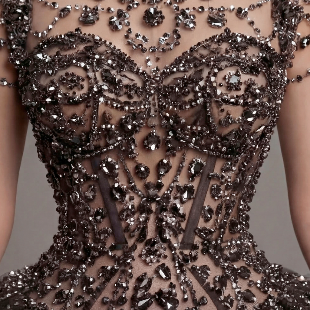 Black Crystal Embellished Ball Gown with High Neck, Sheer Corset Bodice, Dramatic Train and High Slit