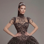 Black Crystal Embellished Ball Gown with High Neck, Sheer Corset Bodice, Dramatic Train and High Slit