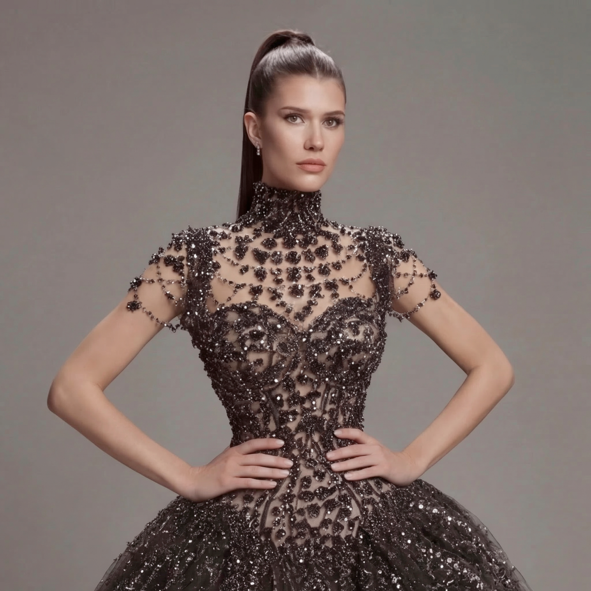 Black Crystal Embellished Ball Gown with High Neck, Sheer Corset Bodice, Dramatic Train and High Slit