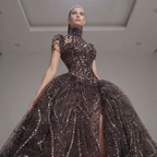 Black Crystal Embellished Ball Gown with High Neck, Sheer Corset Bodice, Dramatic Train and High Slit