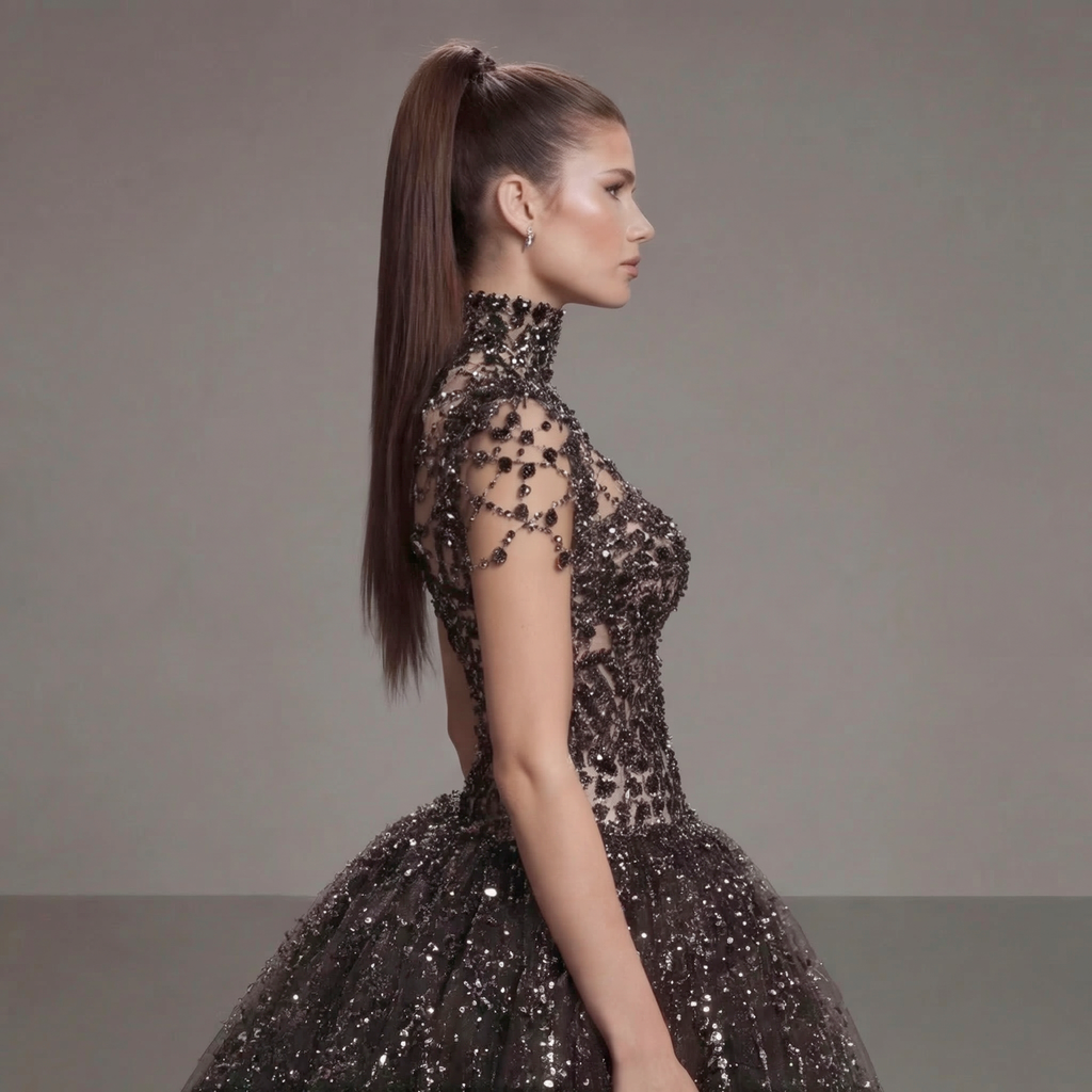 Black Crystal Embellished Ball Gown with High Neck, Sheer Corset Bodice, Dramatic Train and High Slit