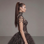 Black Crystal Embellished Ball Gown with High Neck, Sheer Corset Bodice, Dramatic Train and High Slit