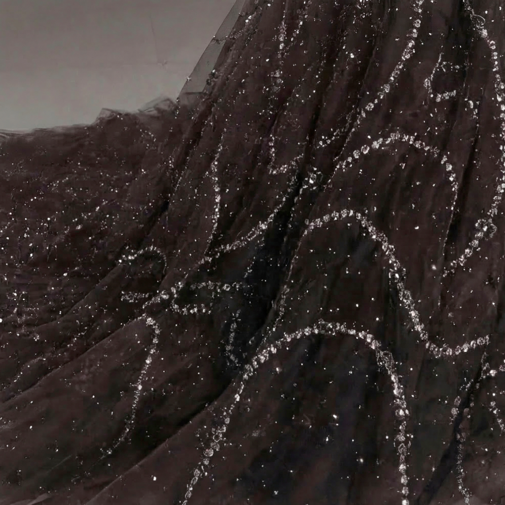 Black Crystal Embellished Ball Gown with High Neck, Sheer Corset Bodice, Dramatic Train and High Slit