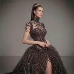 Black Crystal Embellished Ball Gown with High Neck, Sheer Corset Bodice, Dramatic Train and High Slit