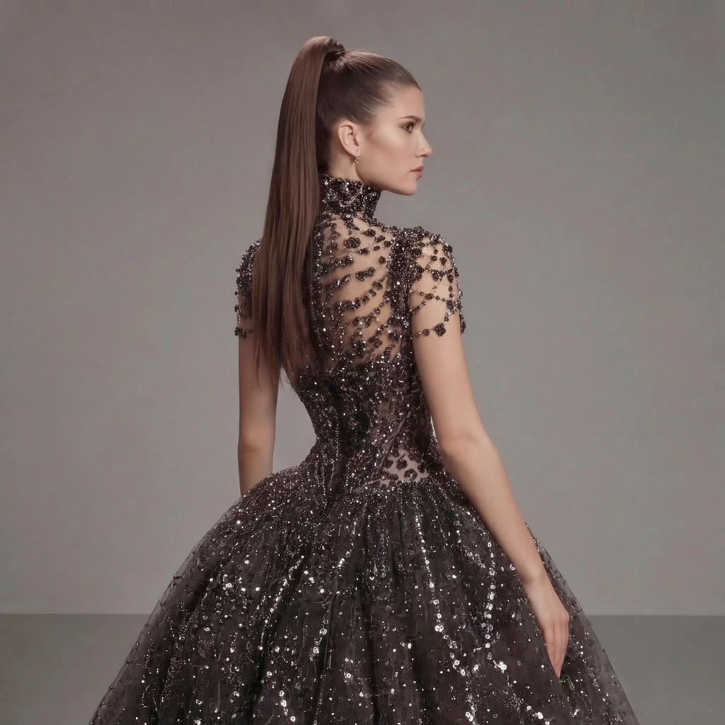 Black Crystal Embellished Ball Gown with High Neck, Sheer Corset Bodice, Dramatic Train and High Slit