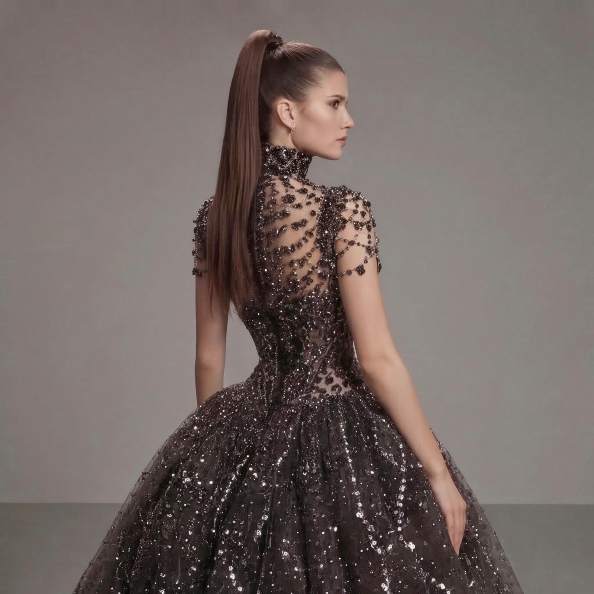 Black Crystal Embellished Ball Gown with High Neck, Sheer Corset Bodice, Dramatic Train and High Slit