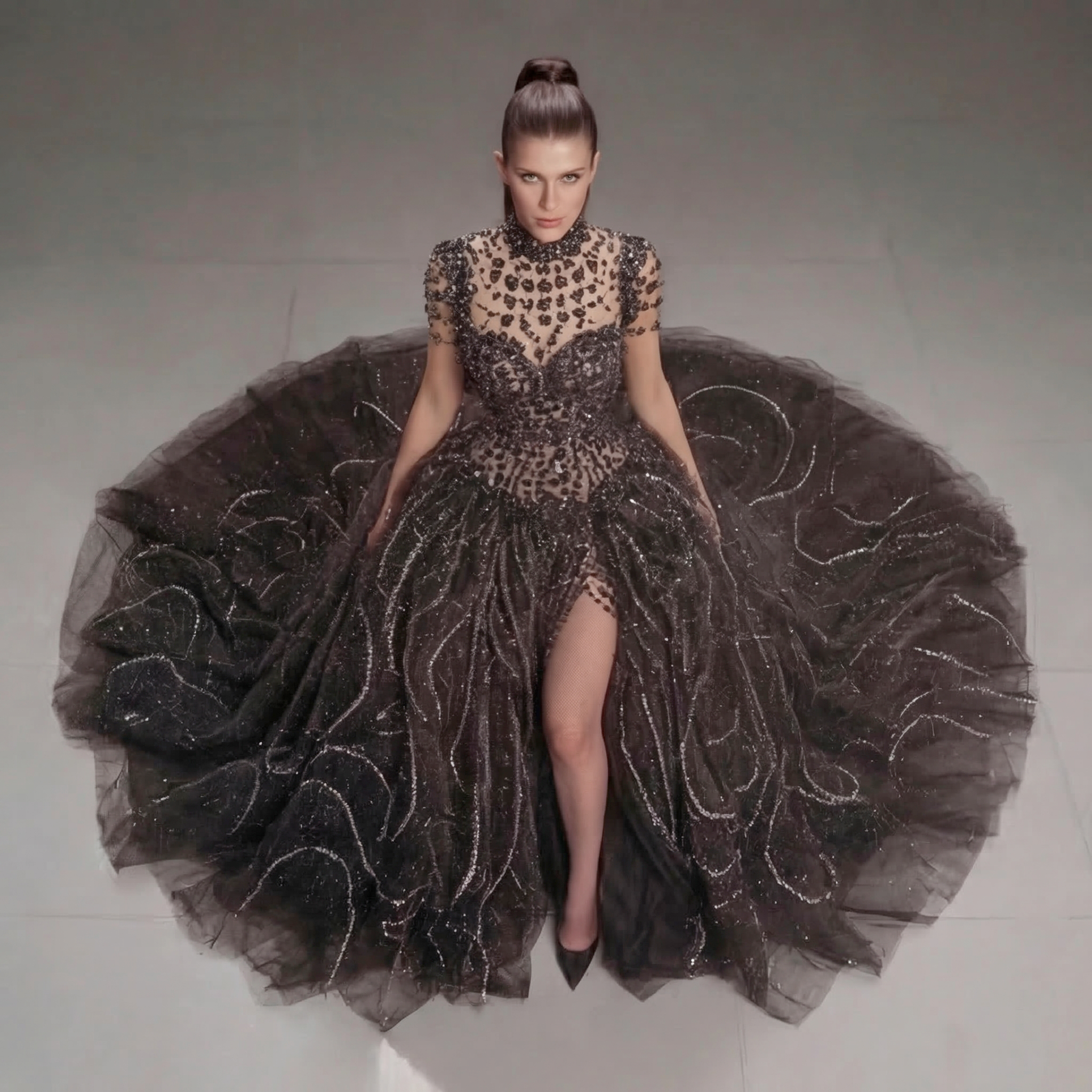 Black Crystal Embellished Ball Gown with High Neck, Sheer Corset Bodice, Dramatic Train and High Slit