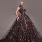 Black High Neck Crystal Ball Gown with Sheer Corset, Embellished Collar, High Slit and Dramatic Train