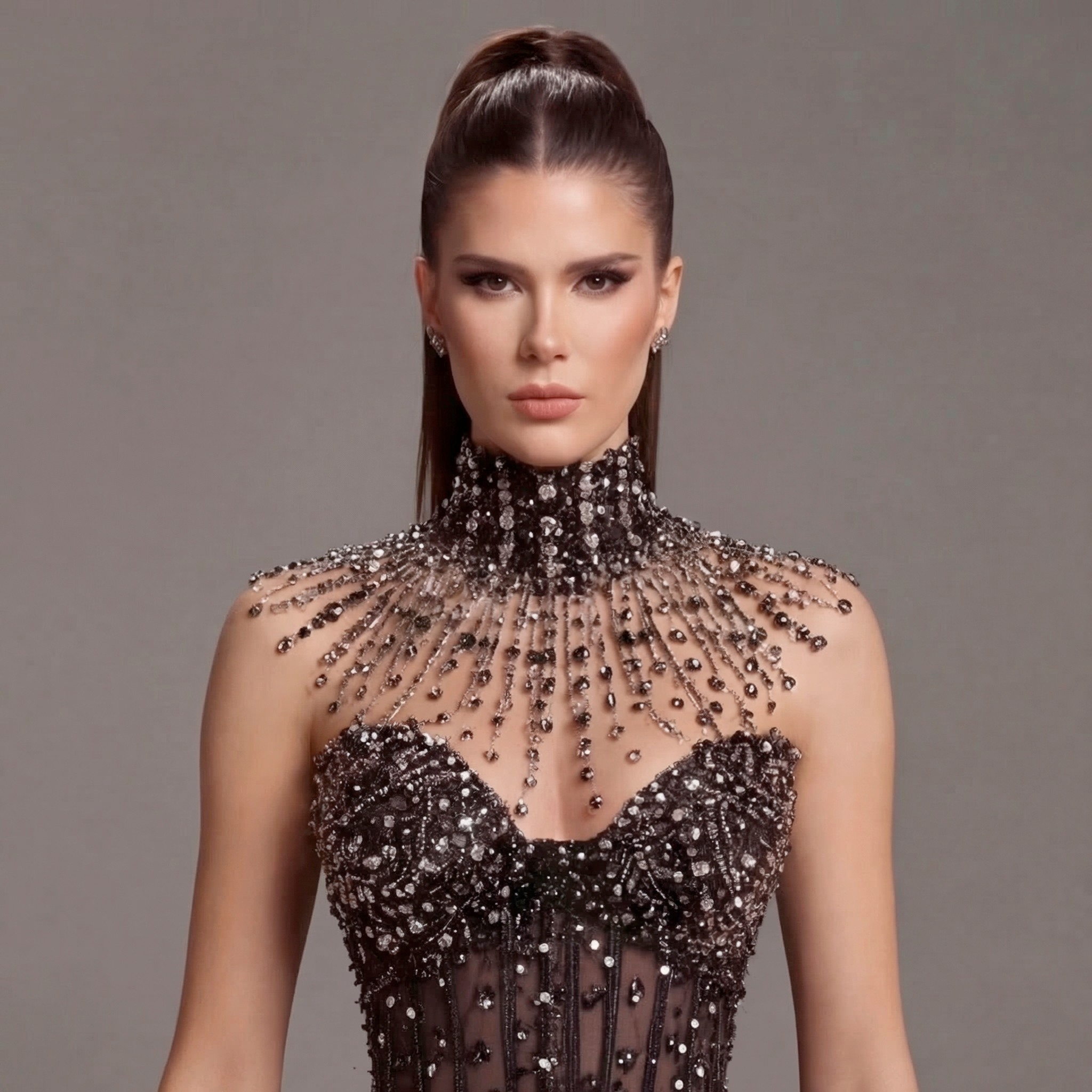 Black High Neck Crystal Ball Gown with Sheer Corset, Embellished Collar, High Slit and Dramatic Train