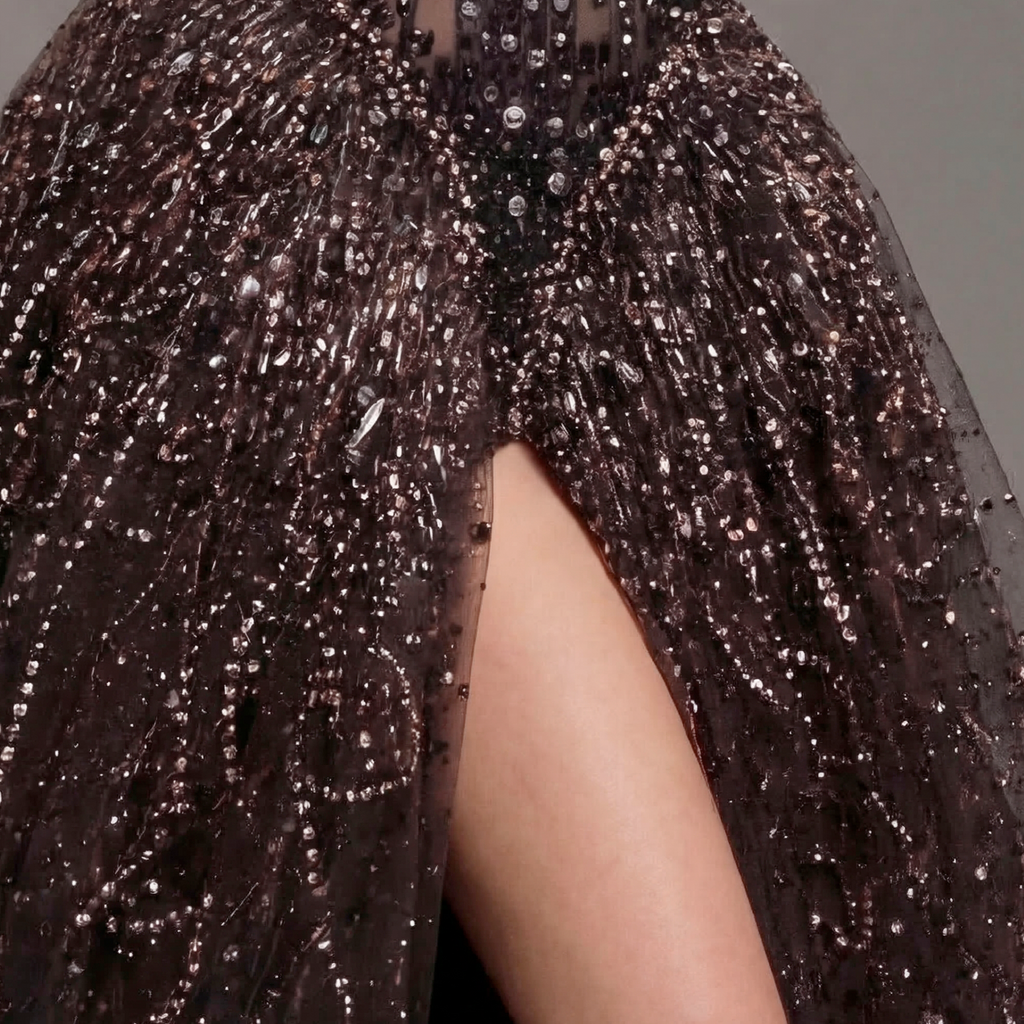 Black High Neck Crystal Ball Gown with Sheer Corset, Embellished Collar, High Slit and Dramatic Train