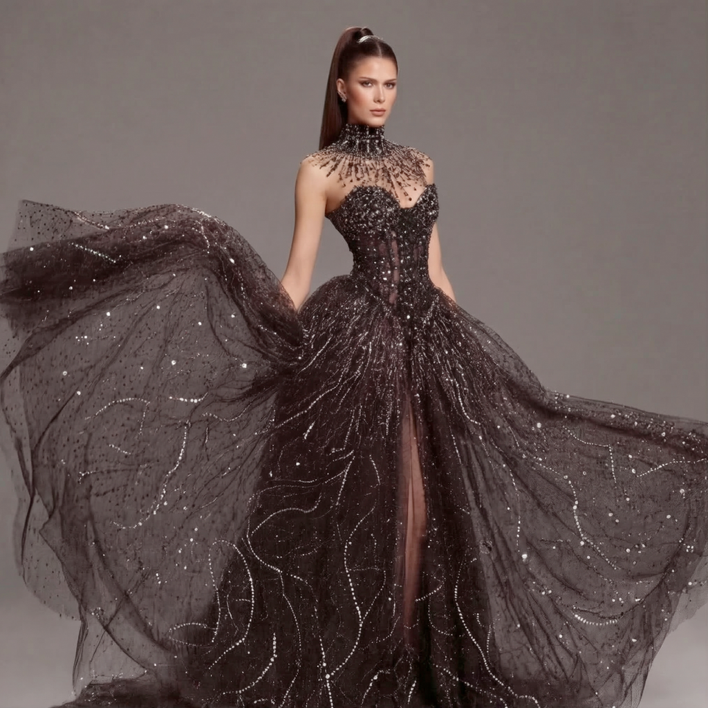 Black High Neck Crystal Ball Gown with Sheer Corset, Embellished Collar, High Slit and Dramatic Train